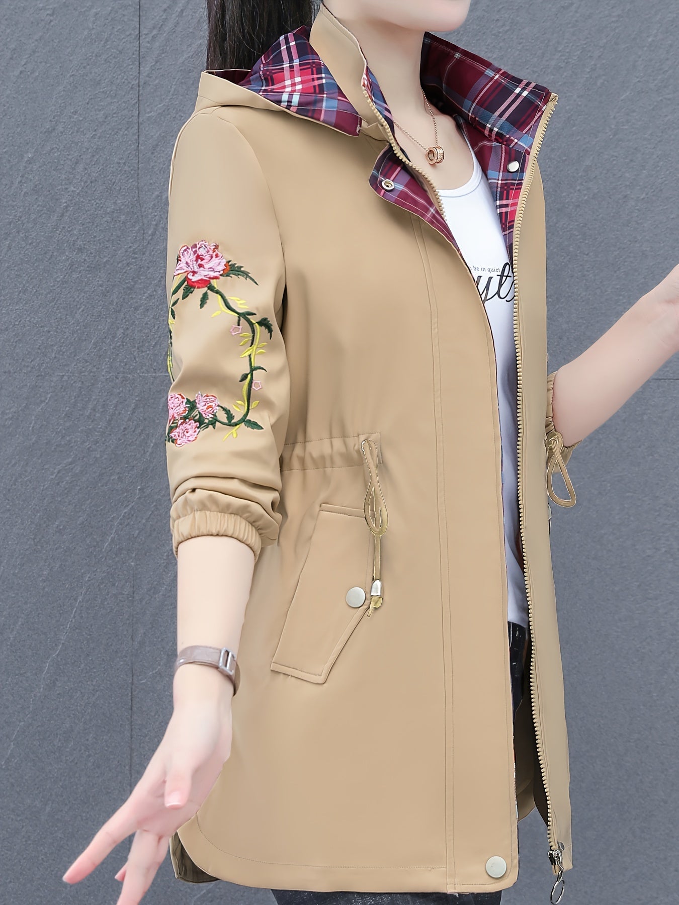 New for 2024: Women's floral jacket with hood, glossy finish, and regular length. Perfect for weekend wear in spring/fall.