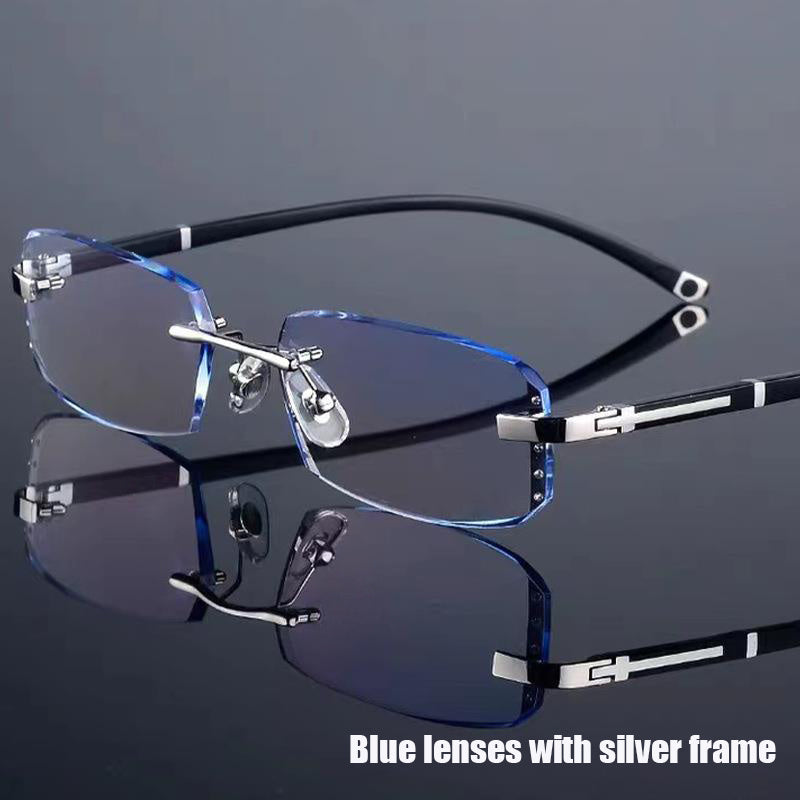 Unisex rimless cut edge glasses with anti-blue clear lenses for business.