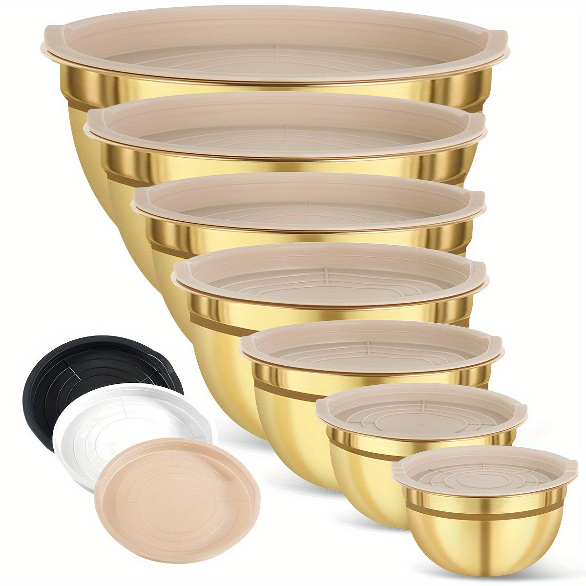 Stainless steel mixing bowl set in gold with lids in white, black, and khaki. Ideal for Christmas serving, baking, preparation, cooking, and serving food. Nested design saves space, dishwasher safe. Available in various sizes from 500ml to 4000ml.