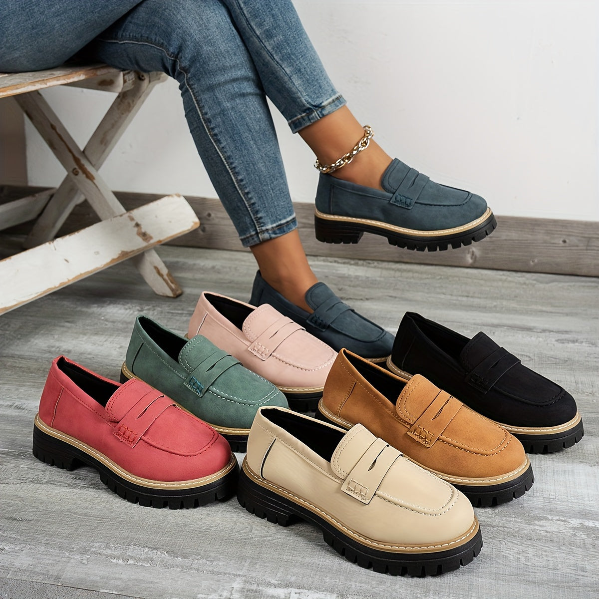 Vintage style women's penny loafers with easy slip-on design, comfort round toe, lightweight and durable faux synthetic cover, EVA sole for all seasons. Available in black, blue, pink