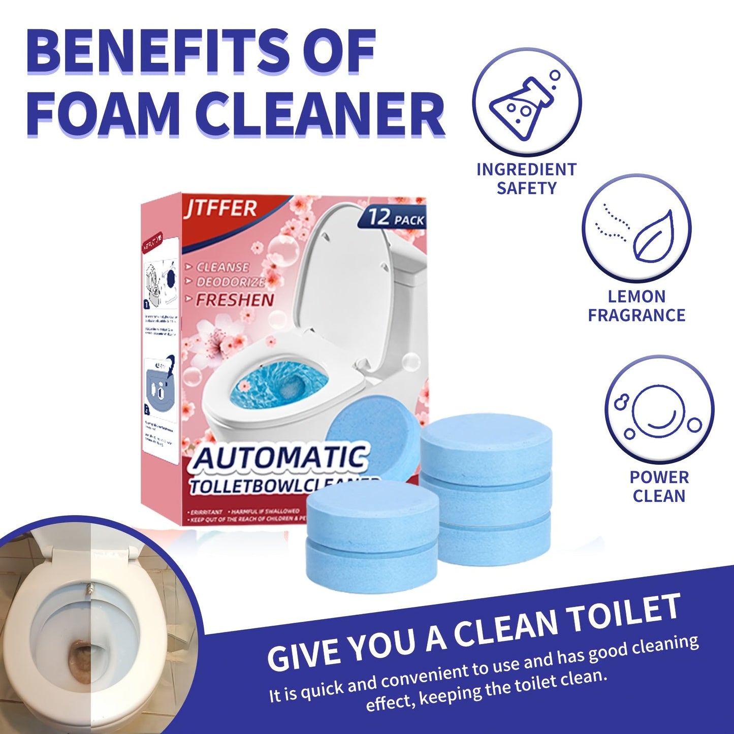 12 pieces of Automatic Toilet Bowl Cleaner: Easily brighten your bathroom, effectively remove tough stains, deodorize, and prevent scaling in your home.