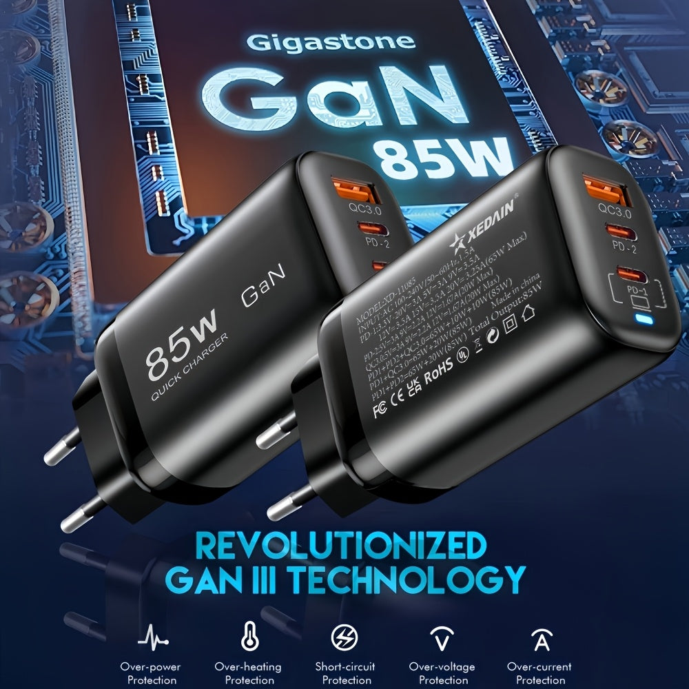 85W GaN charger with PPS PD, QC 3.0/4.0, USB-C fast charging for multiple devices, including Samsung, Xiaomi, iPhone, iPad, MacBook, and notebooks. EU plug universal desktop charger for