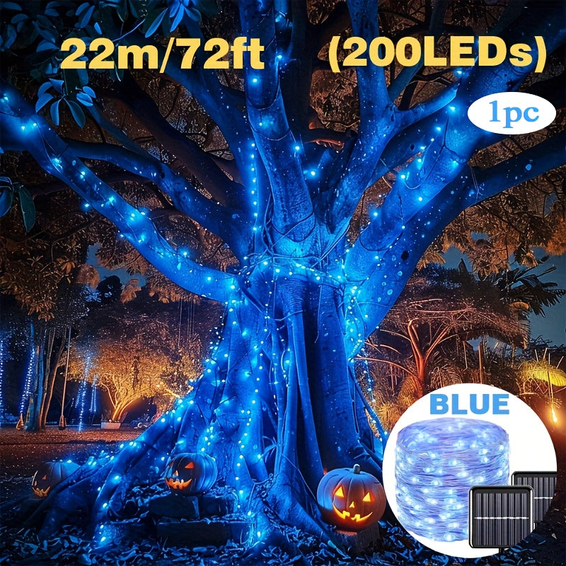 String lights featuring blue copper wire, powered by solar energy. Comes with 8 different lighting modes and is dimmable. Features a polished metal finish and a solar rechargeable lithium ion battery. Completely wireless with a plastic shade and prong