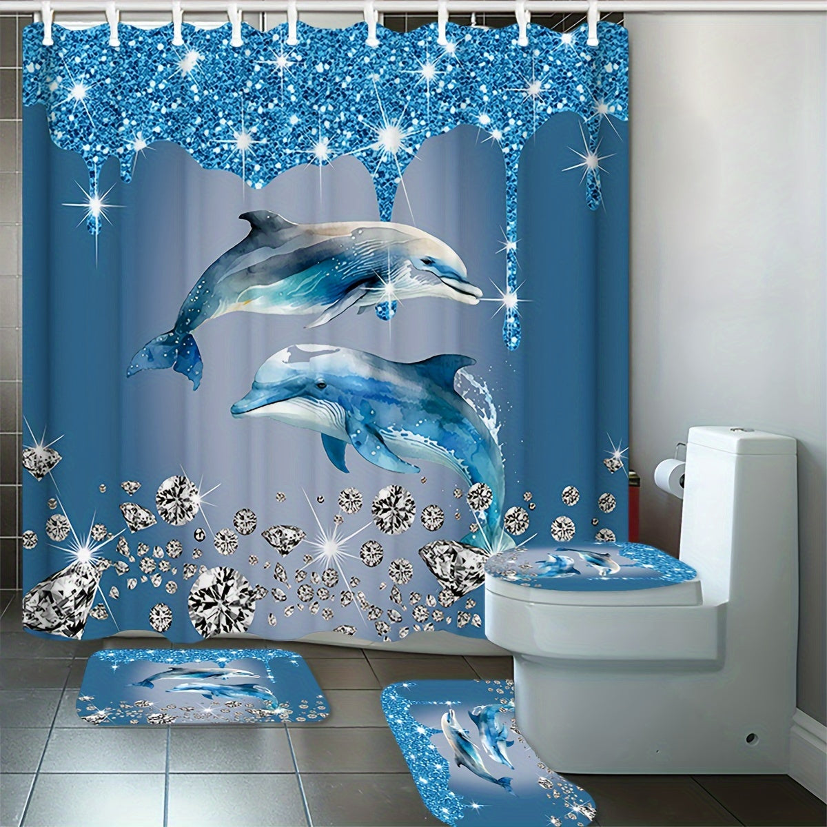 Dolphin-themed shower curtain set with bath mat & rug. Waterproof polyester, easy care. Ideal for ocean-themed bathroom decor.