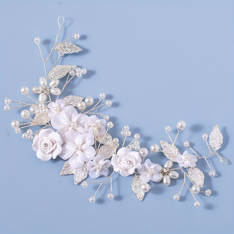 Beautiful Flower Bride Wedding Hair Vine with Pearl and Leaf Accents - Elegant Rhinestone Headband for Women, Ideal for both Special Occasions and Everyday Wear