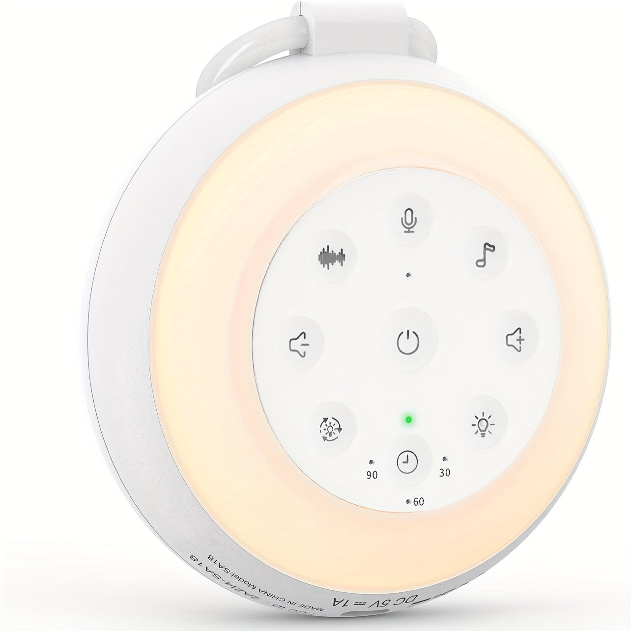 White Noise Sound Machine SA18 features 24 soothing sounds, a customizable night light, and a convenient travel hook - perfect for relaxation and children.