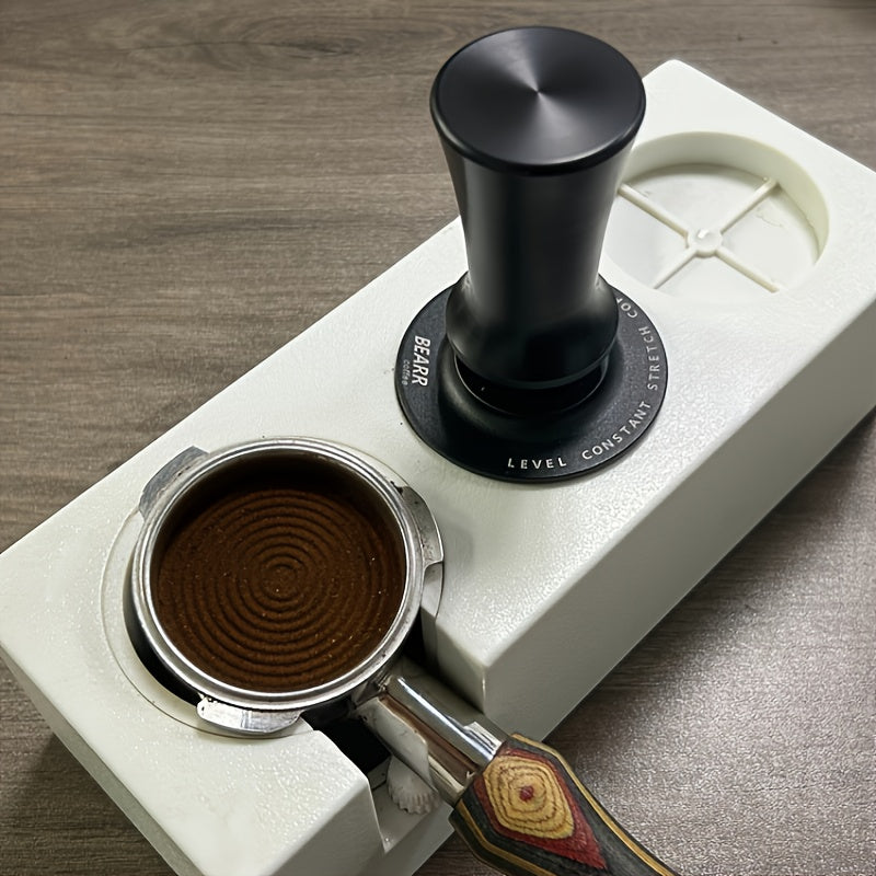 Coffee press kit with 51mm, 53mm, 54mm, and 58mm options for a consistent level of coffee extraction. Includes an elastic coffee press, coffee press hammer, and coffee tool.