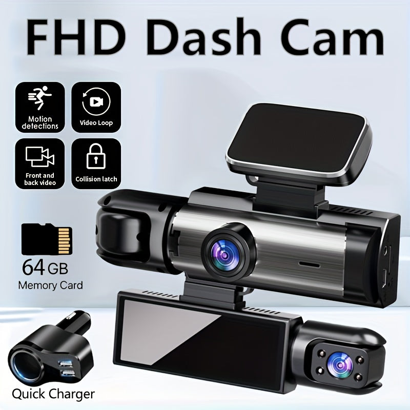 Car DV Driving Recorder with 64G High-speed Memory Card can record for 12 hours with HD dual front and rear camera. Features a 3.16-inch IPS screen, aluminum alloy heat dissipation shell