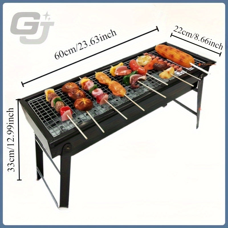 G-J portable folding BBQ grill with iron rack, side shelf, chimney starter, and spray paint finish for outdoor cooking and grilling.