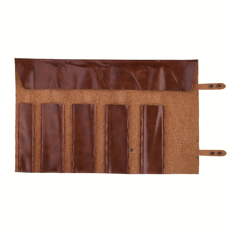 Chef Knife Roll Up Bag made of 1 piece Genuine Leather, perfect for storing chef tools. This portable and folding knife bag is durable and ideal for travel, camping, and kitchen organization. Carry your chef knives in style with this perfect kitchen tool