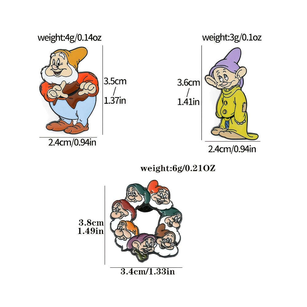 Three Disney Seven Dwarfs Enamel Pins featuring adorable cartoon characters, made from Zinc Alloy. These metal badges are perfect for adding a touch of whimsy to clothing and backpacks. They make an ideal Christmas gift or party accessory, suitable for