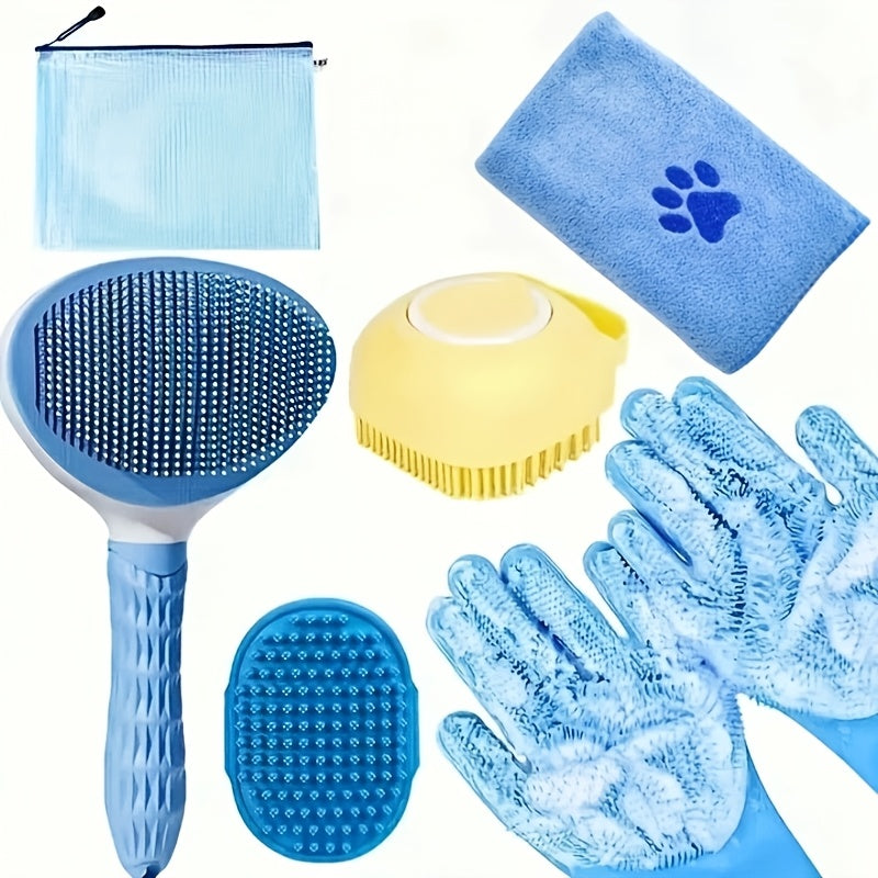 6-piece dog grooming kit includes silicone bath brush, microfiber towel, washing gloves, shedding tool for shiny coat without power needed. Essential care for pets.