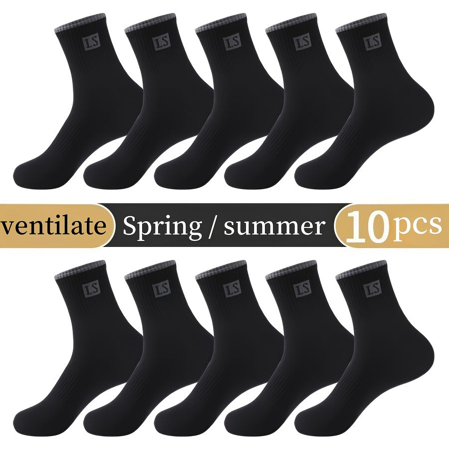 5 pairs of men's trendy solid crew socks, breathable and comfy for outdoor and all-season wear.