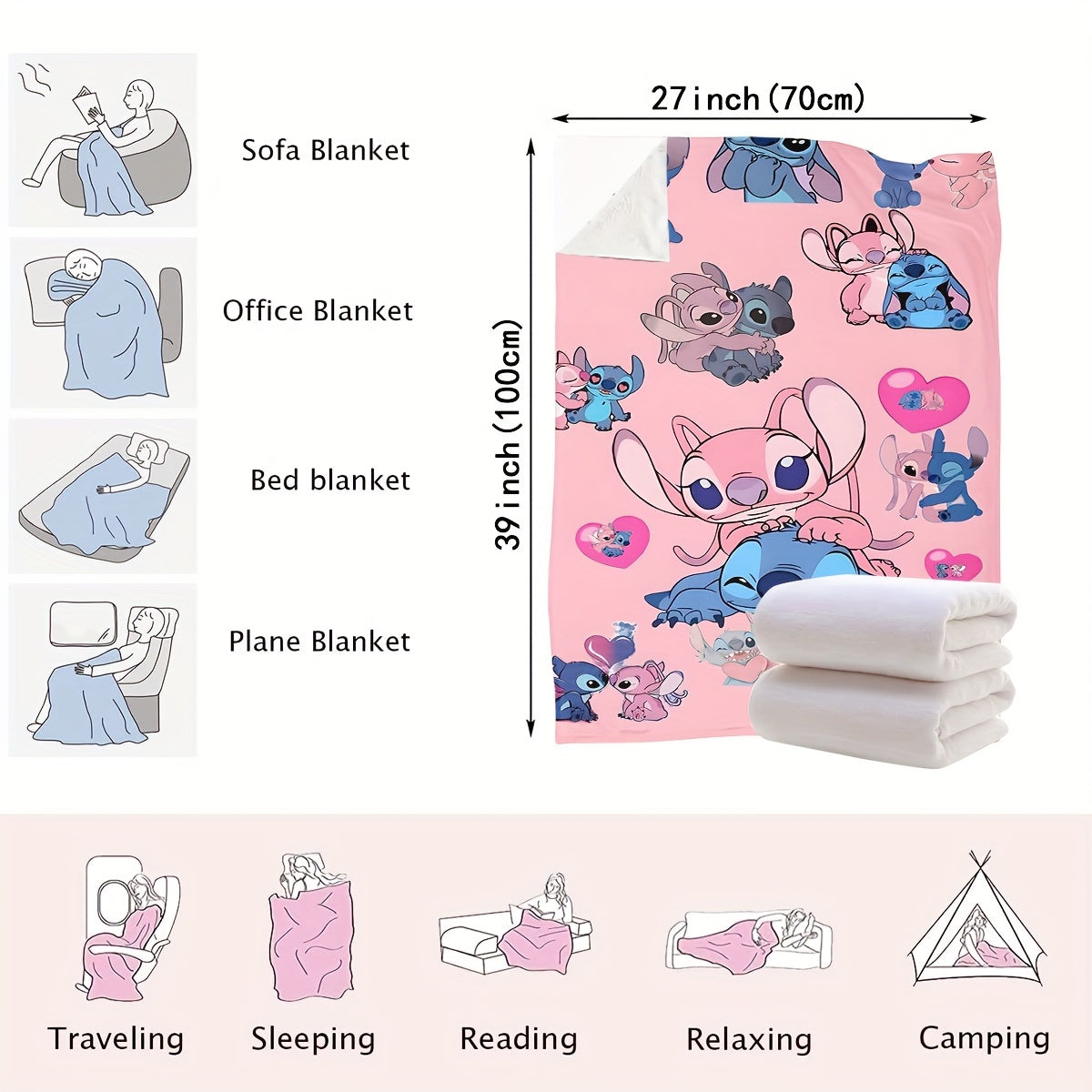 Pink Heart Stitch Cartoon Blanket - Multi-functional Knit Polyester Throw suitable for Every Season, Ideal for Bedroom, Couch, Car, and Journey