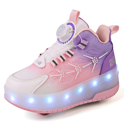 Youngsters' Fashion LED Light-Up Roller Skates in Pink & Purple Gradient Design with White Star Patterns - USB Rechargeable & Durable for All Seasons - Low-Top PU Sneakers for Boys & Girls