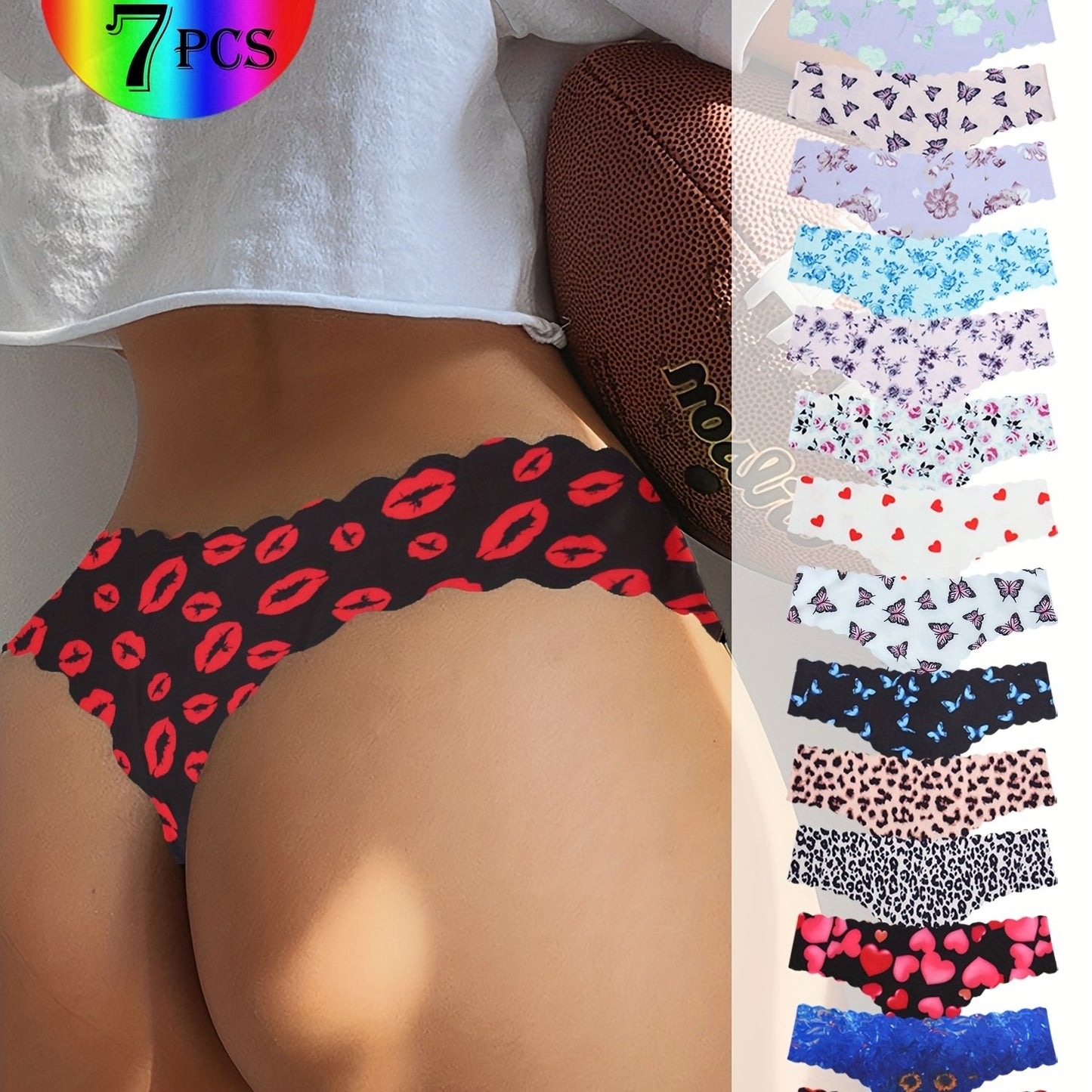 7pcs Printed Women's Seamless Panties in Cute Butterfly and Red Lips Patterns