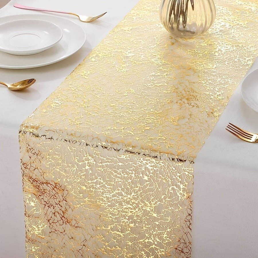 Golden Foil Table Runner with Elegant Polyester Mesh Design, Perfect for Parties, Weddings, and Holidays