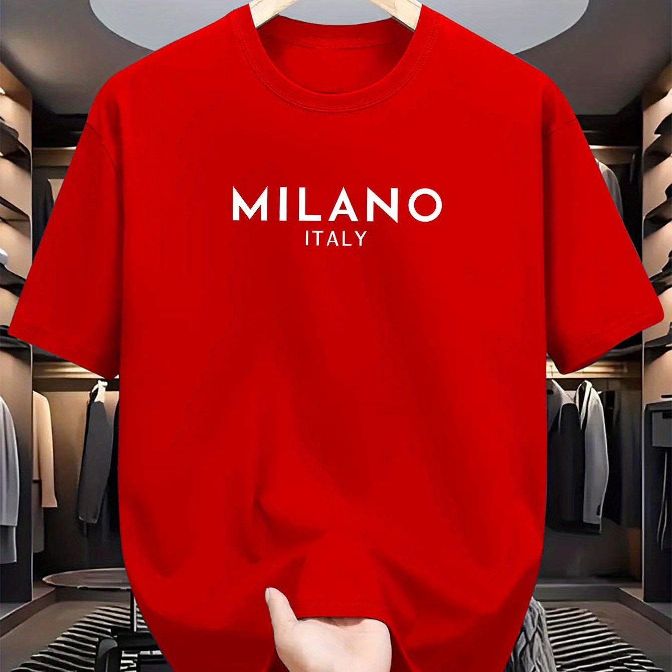 Men's Milano Italy Print T-Shirt, Casual Crew Neck Tee with Polyester Knit Fabric, Summer Short Sleeve Top with Stretch, Fashionable Regular Fit for Adults.