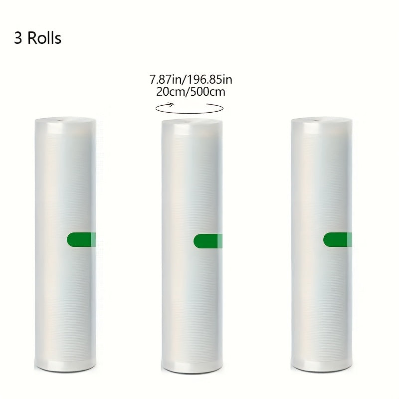 Набор из 3 рулонов кухонных вакуумных пакетов размером 196,85 дюйма каждый, предназначенных для многоразового использования в стиле рулонов для хранения свежих продуктов. Идеально подходит для хранения продуктов в домашних кухнях.