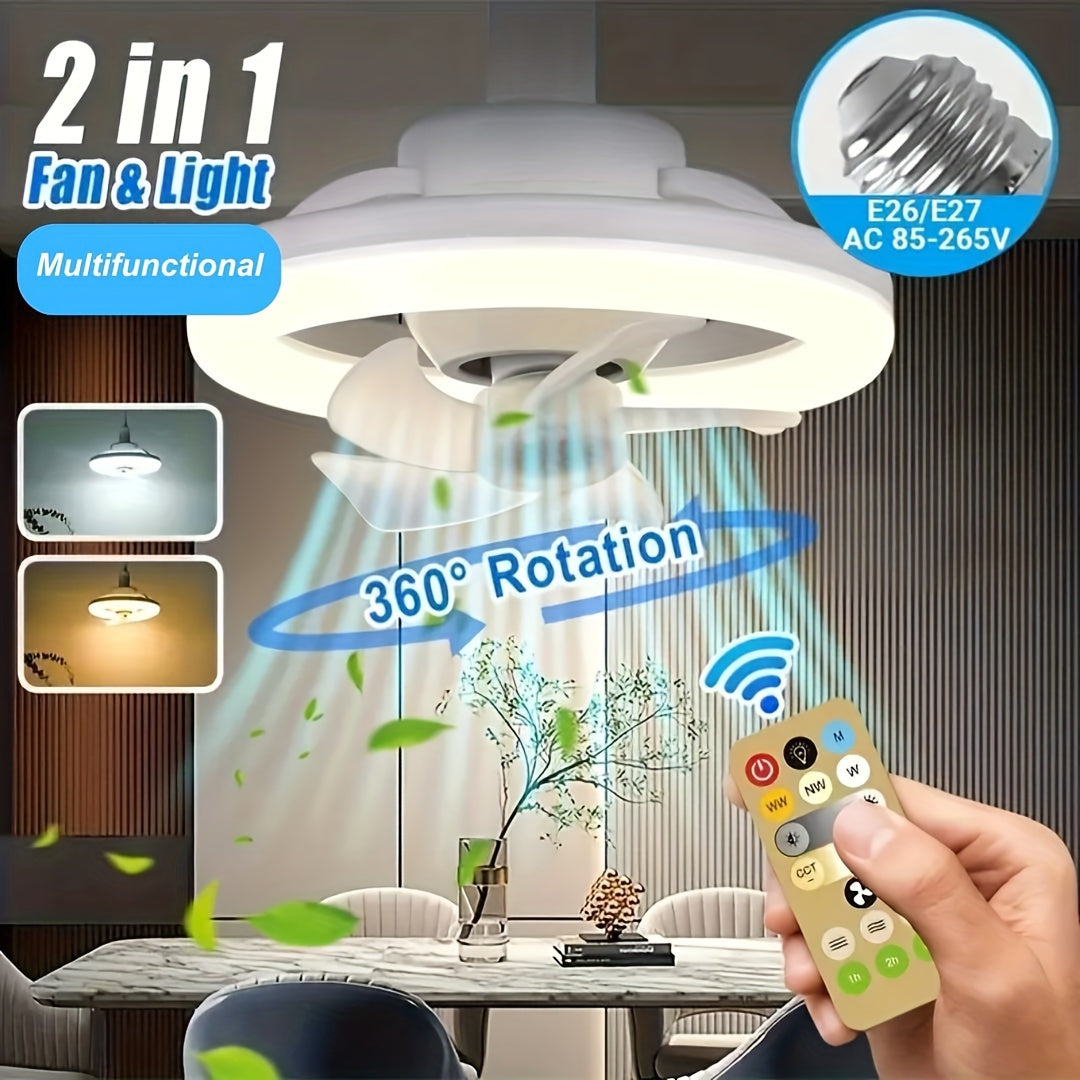 LED rotating fan light with adjustable color, wind speed, and timing function, controlled by remote. Ideal for bedrooms, study rooms, and offices.