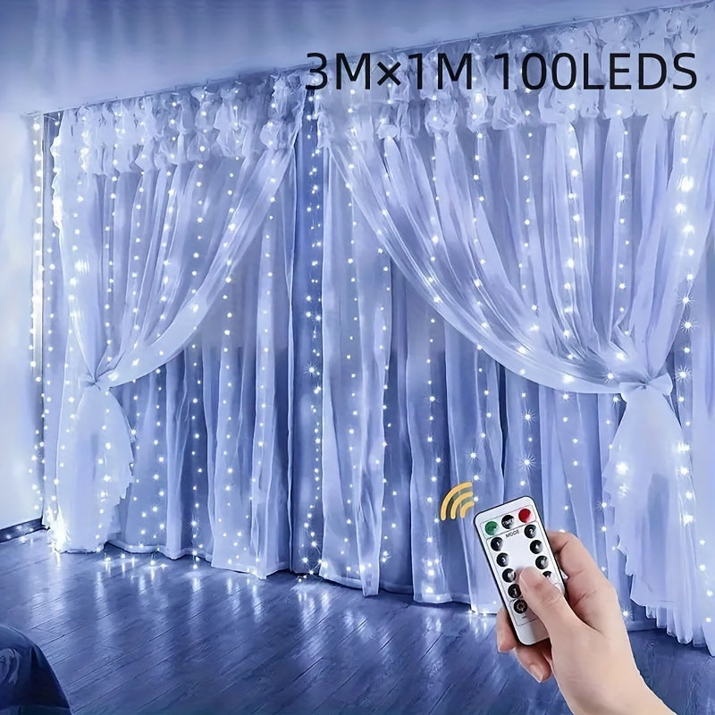 Teenage girl LED curtain string lights with remote control, available in 100/200/300 warm golden LEDs. Perfect for creating a cozy ambiance with a twinkle effect for all occasions. Suitable for indoor and outdoor use. Includes non-rechargeable battery.