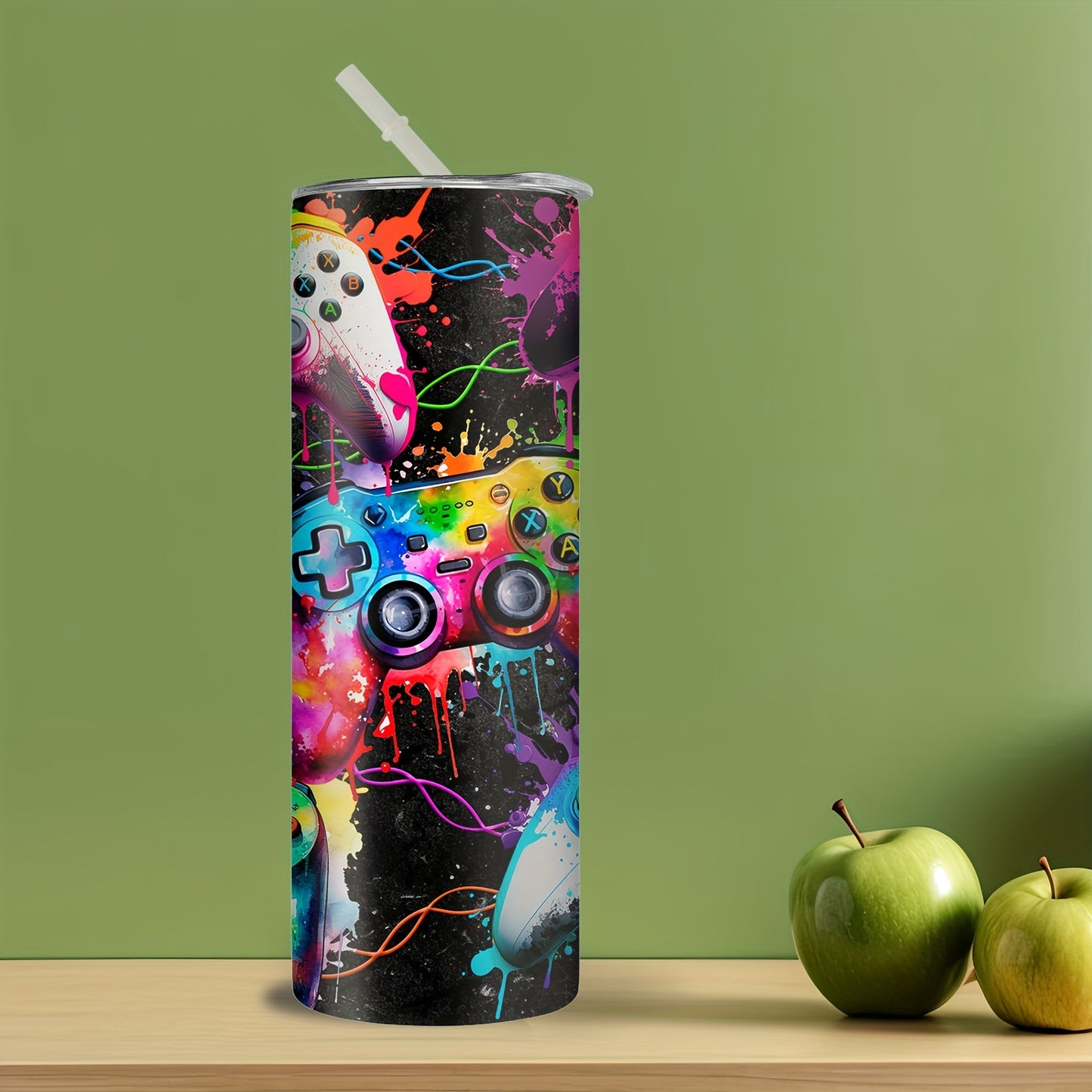 20oz Stainless Steel Insulated Water Bottle featuring a Colorful Game Controller Design - Includes Straw, Ideal Gift for Gamers - Hand Wash Only.