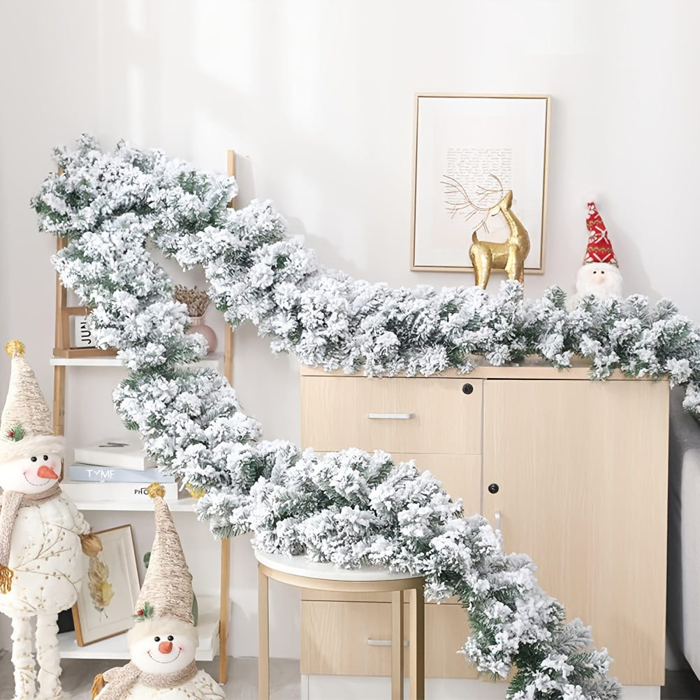 Snow flocked Christmas garland measuring 274.32cm, perfect for Xmas tree, stairs, and fireplace decor.