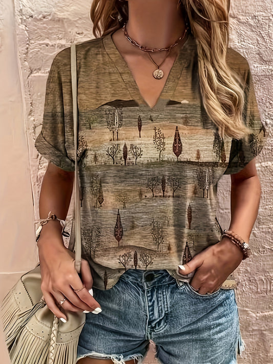 Ayollar uchun Plus Size Boho Chic V-yuqori T-shirt - Etnik print bilan yozgi kolleksiya, aylantiriladigan yenglar, mashinada yuvish mumkin, Polyester/Spandex aralashmasi, asimmetrik qirralari bilan ko'p maqsadli moda va