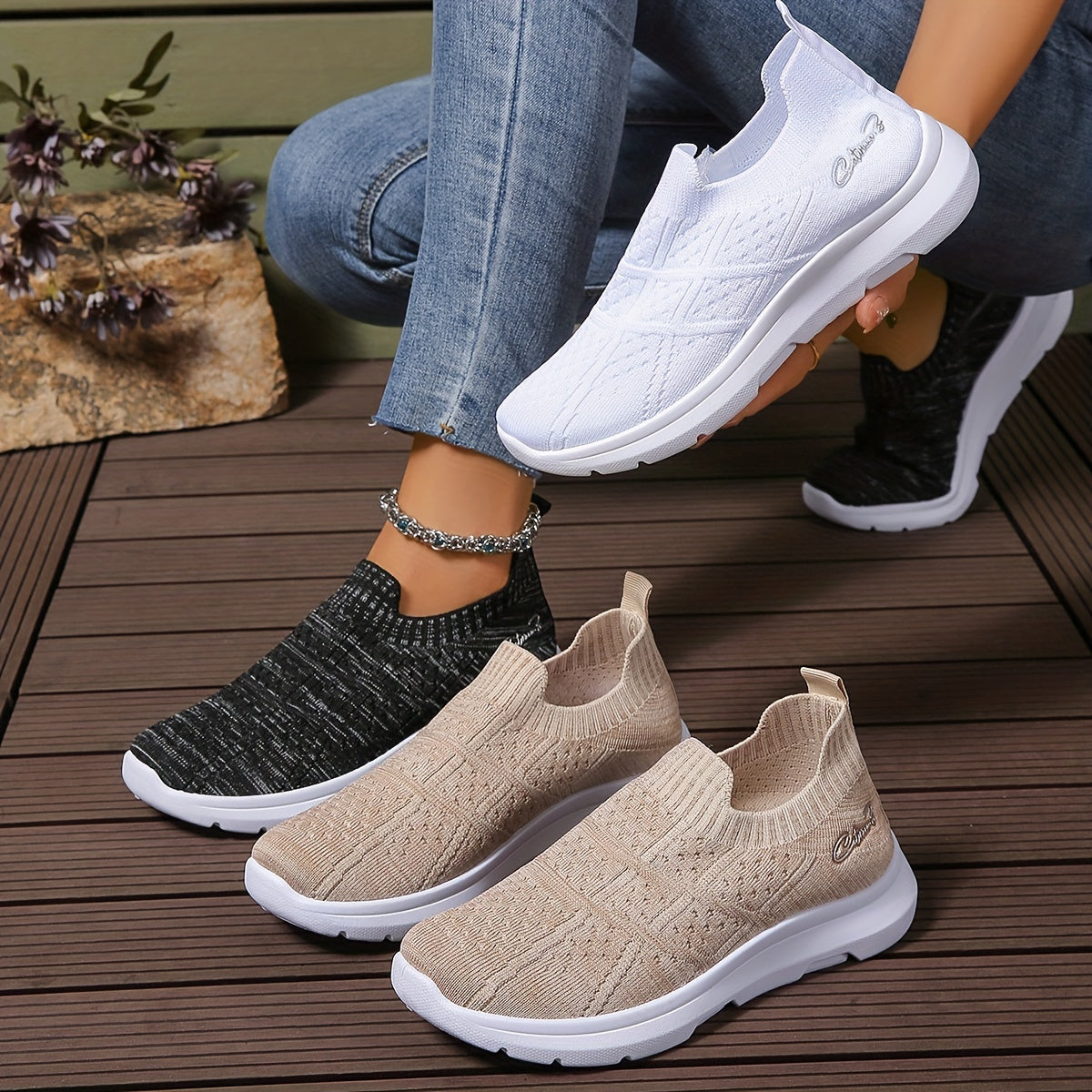 Women's Breathable Knit Slip-On Sneakers with Diamond Pattern Design, Lightweight and Soft Sole, Low-Top, All-Season Comfort, Cute Shoes.