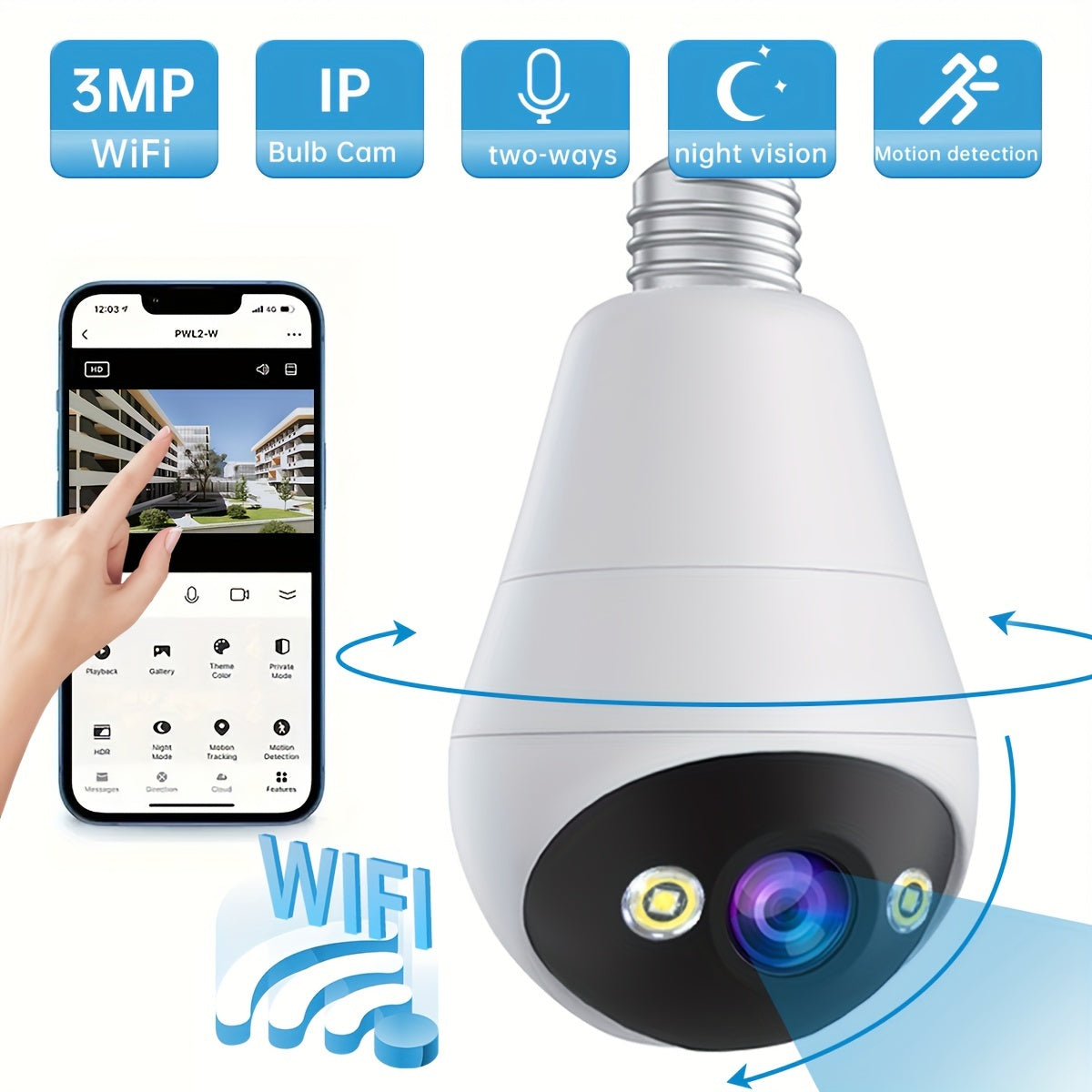 1pc JOOAN E27 WiFi PTZ Camera with 1296p HD resolution, night vision, two-way audio, smart motion detection, 360° pan-tilt, app control, audio and motion alerts. Hardwired power supply, no