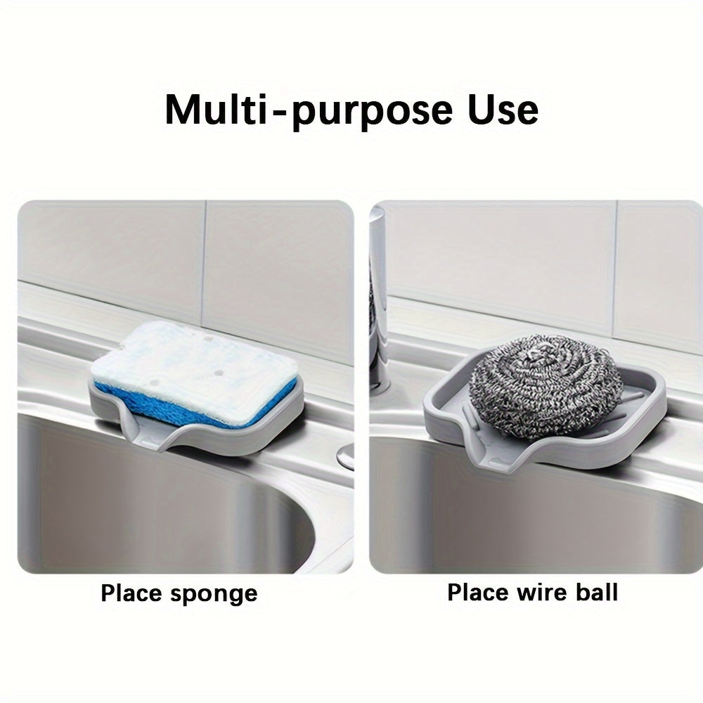 Silicone soap dish with self-draining tray for kitchen or bathroom sink, also functions as a non-slip sponge holder and soap saver pad.