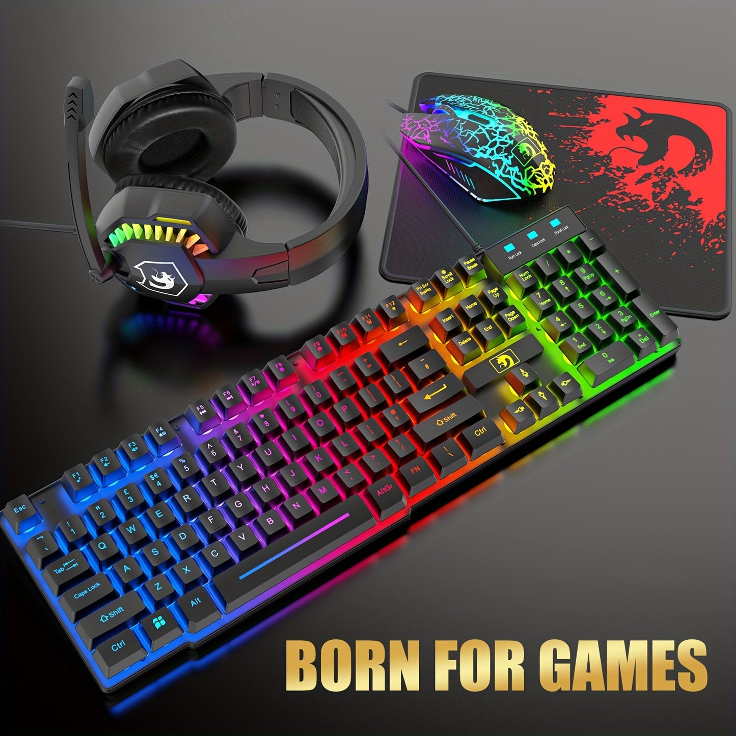 Combo set includes rainbow LED backlit wired gaming keyboard, over ear headphone with mic, rainbow backlit gaming mice, mouse pad for PC, laptop, Mac, PS4, Xbox.