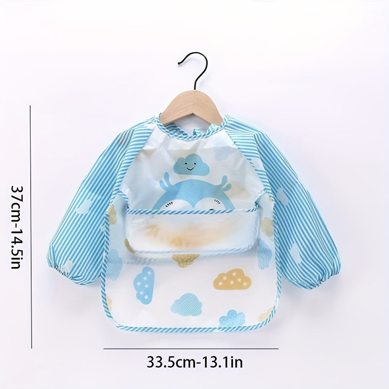 Anti-fouling Feeding Bib with Pockets, Cartoon Design, Waterproof Long-sleeved Smock, Soft Material, Easy Closure, Polyester Fabric, 1 Piece