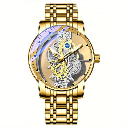 Men's Fashion Transparent Watch - Imitation Mechanical Timepiece with Luminous Dial, Stainless Steel Band, Quartz Movement. Luxury Business Golden Watch for Men.