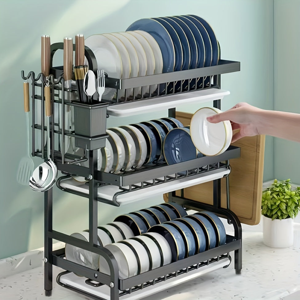 Premium carbon steel 3-tier dish rack with drainboard for organized dish drying and kitchen storage.