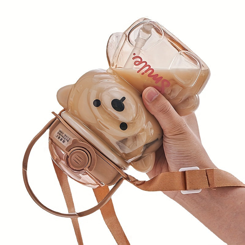 Cute Bear water bottle with straw, 1000ml capacity, leak-proof, made of PC material, hand wash only, PVC-free.