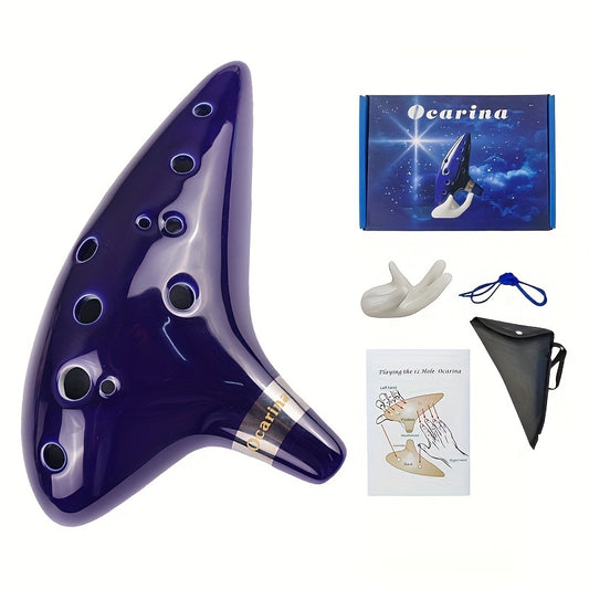 FF Bonfires 12 Hole Ceramic Ocarina Flute in Blue with Carrying Case and Accessories