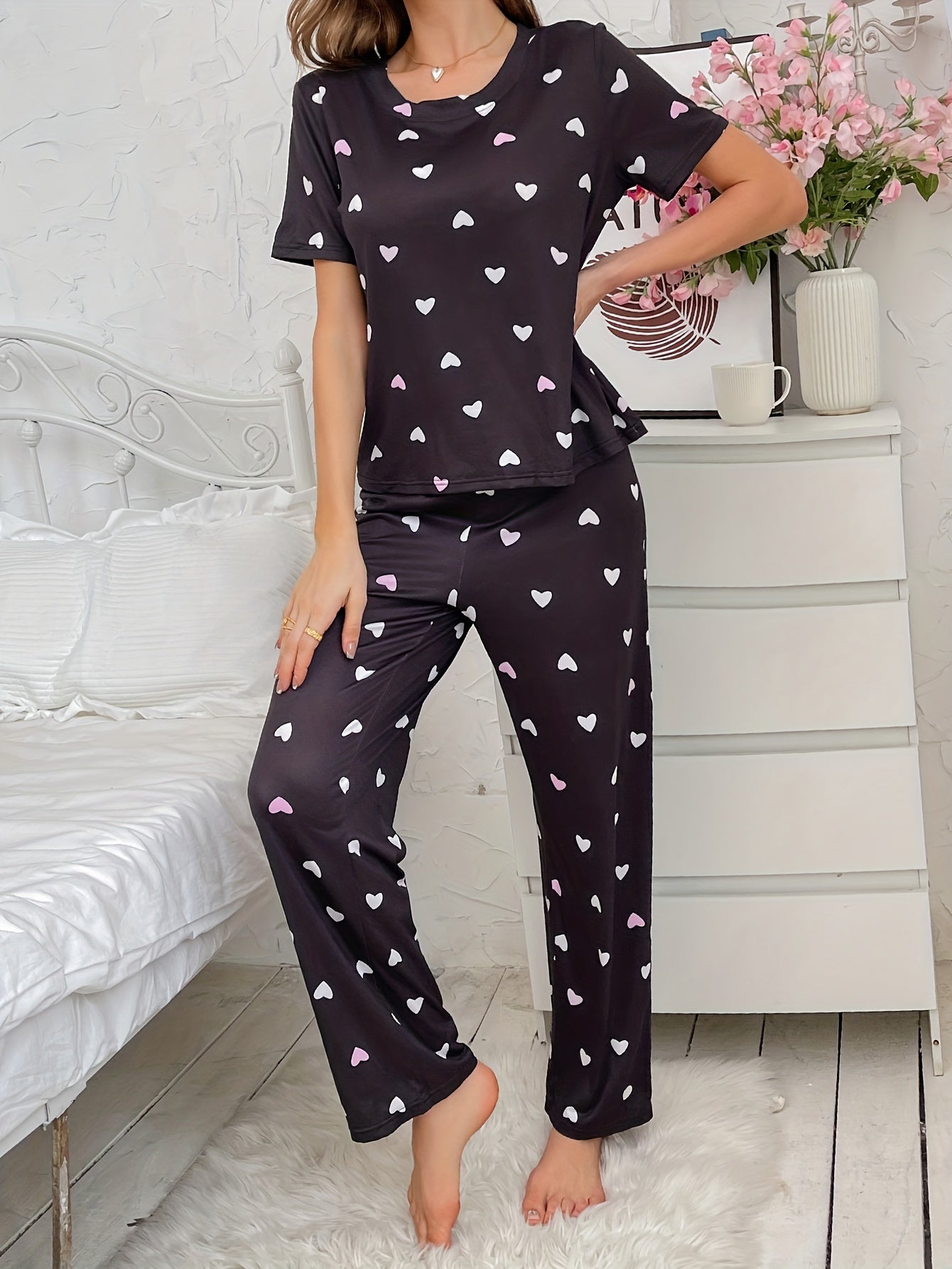 Heart Print Pajama Set for Women, featuring Short Sleeve Top and Elastic Waistband Pants, perfect for Sleepwear and Loungewear.