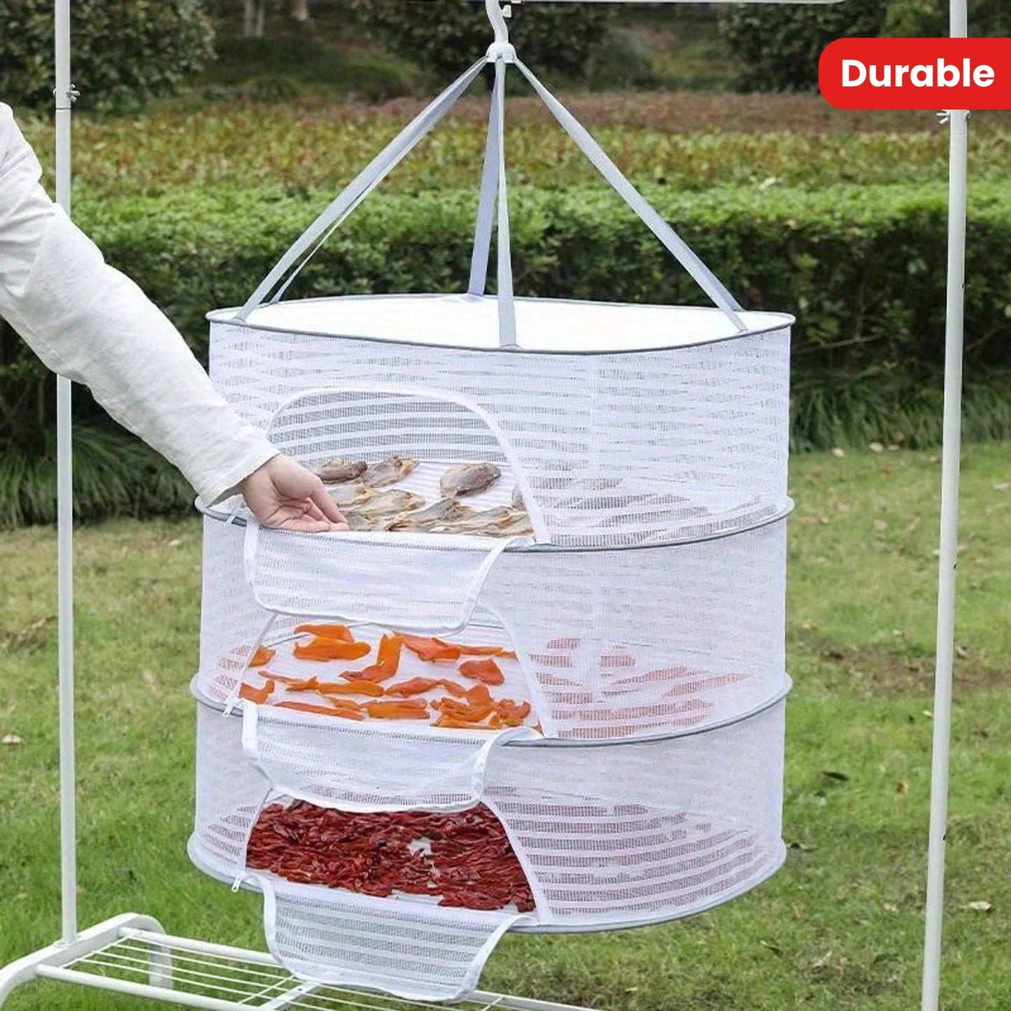 Multi-Layer Mesh Drying Rack with Anti-Mosquito Protection - Made of Strong, Durable Polyester Net for Preserving Salted Fish and Vegetables. Features 3-Tier Design for Hanging and Drying Outdoors. Ideal for Kitchen Storage and Comes with Utility Hooks.