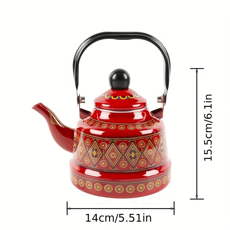 Enamel Hot Water Kettle with Geometric Print and Memory Flower Design, 1.1L capacity, suitable for household use. Features Ancient Clock and Target design. Versatile kettle suitable for brewing tea, coffee, or other beverages. Combines Middle Eastern and