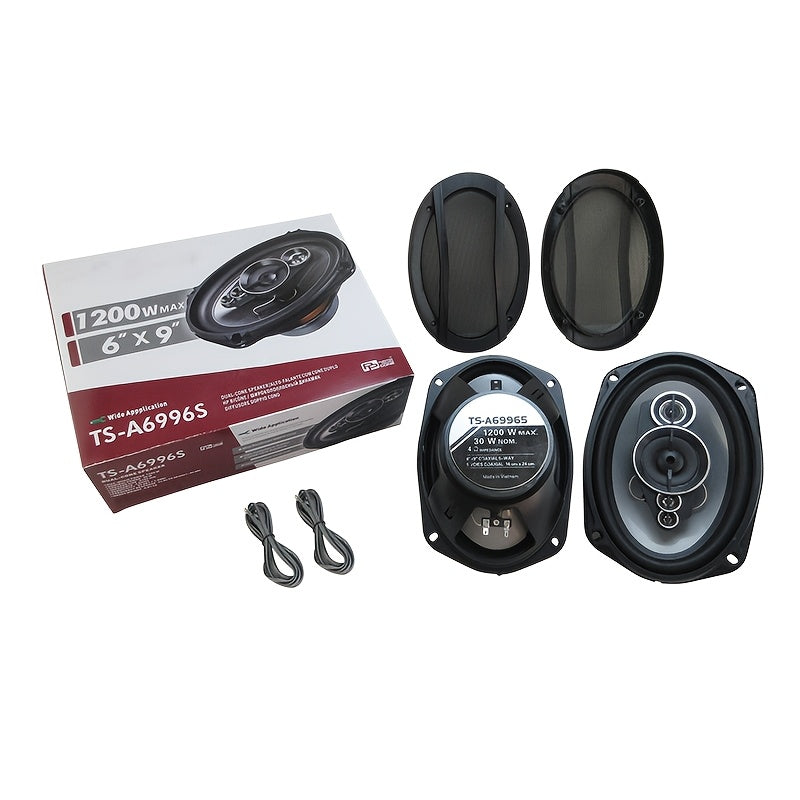 Two high-fidelity 5-way coaxial speakers (15.24X22.86 cm, 1200W) designed for vehicle door audio systems, delivering full-range frequency sound for music and subwoofer applications.