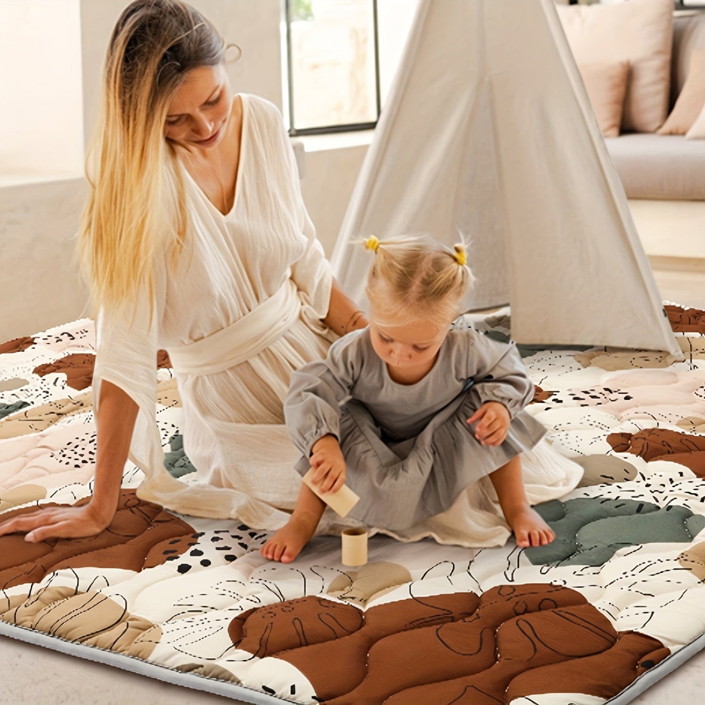 Foldable Thicker Foam Play Mat measuring 127.0cm X 127.0cm for Playpens & Floors - Soft, Non-Slip & Odor-Free Crawling Mat for Babies & Toddlers, Machine Washable with BOHO Design