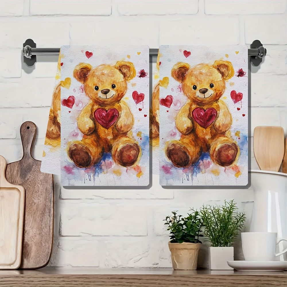 This set includes 2 ultra-soft kitchen towels with a cute Valentine's Day teddy bear design. They are highly absorbent and ideal for holiday decorating. These towels are machine washable and measure 40.64x60.96 cm.