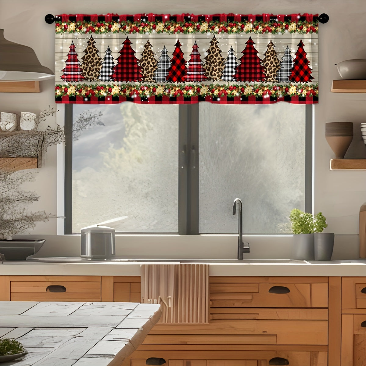 Get into the holiday spirit with our Christmas-themed kitchen valance curtain! This modern brushed fabric window treatment features a festive pine tree and ornament print. The twill weave light-filtering panel is perfect for adding a touch of Christmas