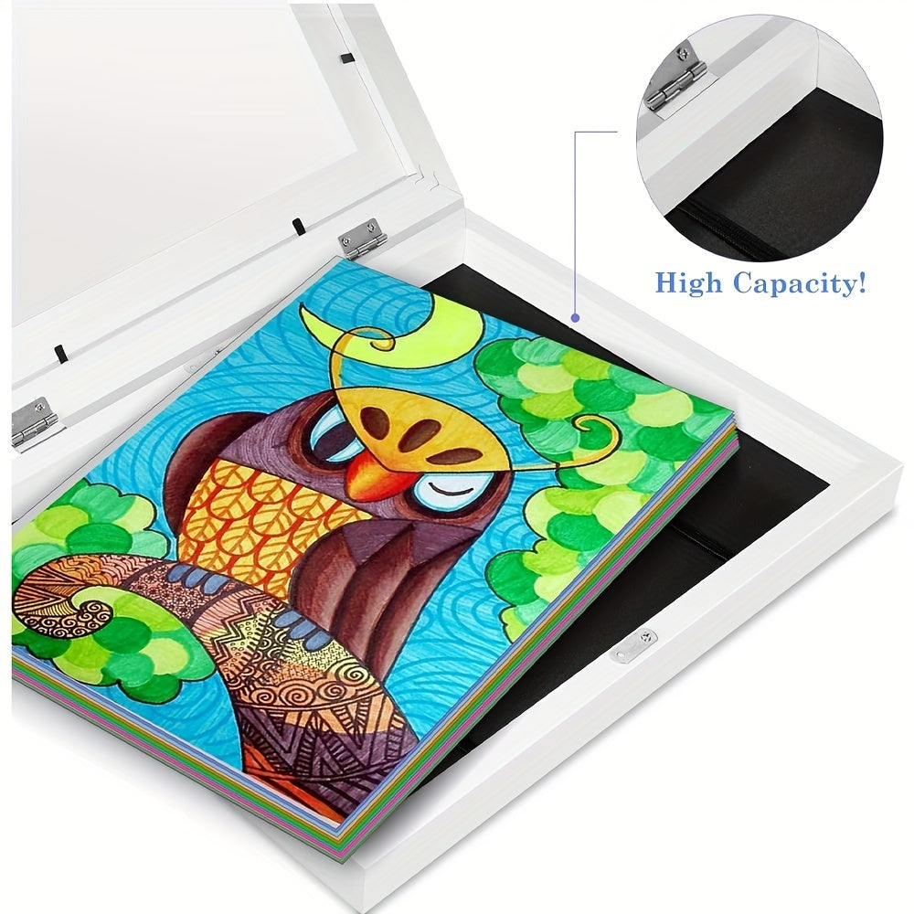 Magnetic storage frame for art photos, easily changeable for front-opening display on walls.