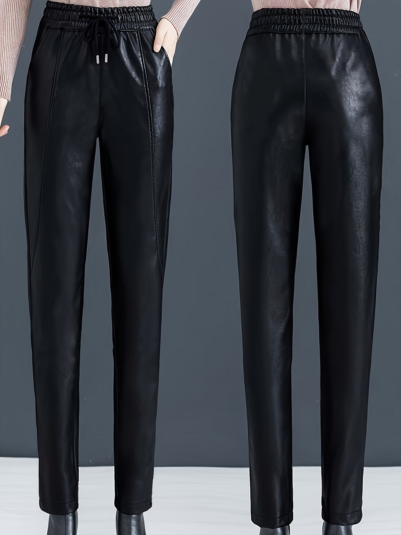 Winter women's faux leather lounge pants with fleece lining, drawstring waist, and pockets.