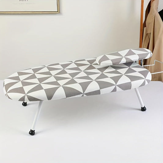 Space-saving foldable ironing board, ideal for home and office use, made of stainless steel and plastic materials.