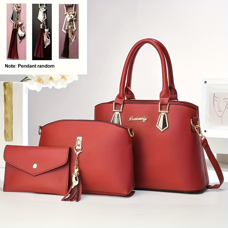 Women's elegant 3-piece handbag set with flowing tassel shoulder bag, crossbody bag, and stylish PU leather tote and sling bag. Ideal gift for festivals and work.