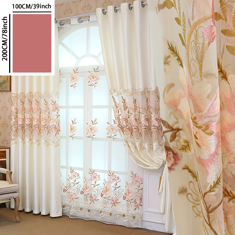 Add a touch of elegance to your living room or bedroom with this beautiful 1pc Pink Floral Embroidered Sheer Curtain. Made of semi-transparent polyester, this curtain features delicate embroidery and eyelets for easy hanging. Machine washable for