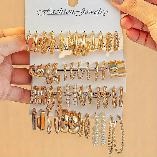 Set of 48 Fashion Alloy Earrings for Women, Vintage Punk Style with Artificial Pearls - Ideal for Everyday Wear, Casual Events, Parties, or as Holiday Gifts - Box Not Included, Embedded for Versatility.